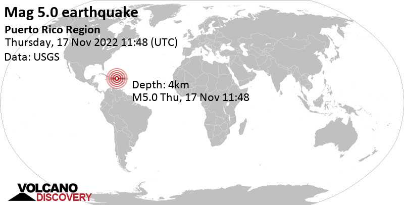 5.0 quake North Atlantic Ocean, 94 km north of Mayaguez, Puerto Rico, Nov 17, 2022 7:48 am (GMT -4)