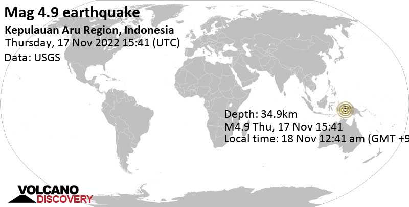 Умеренное землетрясение маг. 4.9 - Aru Sea, 155 km к северо-востоку от Tual, Индонезия, Пятница, 18 ноя 2022 00:41 (GMT +9)