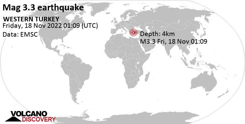 3.3 quake 6.9 km southeast of Izmir, İzmir, Turkey, Nov 18, 2022 4:09 am (GMT +3)