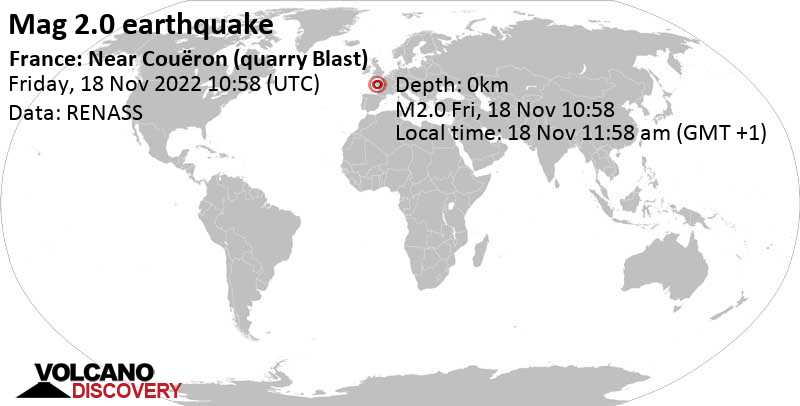 Weak mag. 2.0 earthquake - 25 km west of Nantes, Loire-Atlantique, Pays de la Loire, France, on Friday, Nov 18, 2022 at 11:58 am (GMT +1)