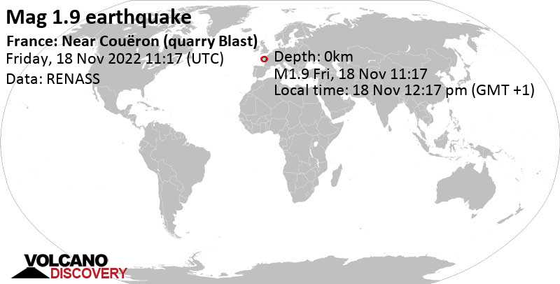 Weak mag. 1.9 earthquake - 25 km west of Nantes, Loire-Atlantique, Pays de la Loire, France, on Friday, Nov 18, 2022 at 12:17 pm (GMT +1)