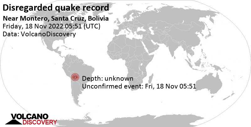 Evento desconocido (originalmente reportado como sismo): 3.4 km al noroeste de Montero, Departamento de Santa Cruz, Bolivia, viernes, 18 nov 2022 01:51 (GMT -4)