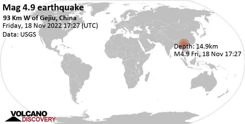 Moderate mag. 4.9 earthquake - 94 km west of Gejiu, Yunnan, China, on Saturday, Nov 19, 2022 at 1:27 am (GMT +8)