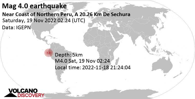 Μέγεθος 4.0 - 37 km νότια από Piura, Περού, Παρ, 18 Νοε 2022 21:24 (GMT -5)