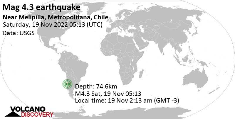 Μέγεθος 4.3 - 46 km βορειοδυτικά από Σαντιάγκο, Provincia de Santiago, Santiago Metropolitan, Χιλή, Σάβ, 19 Νοε 2022 02:13 (GMT -3)