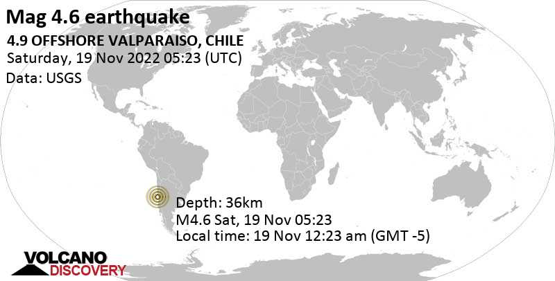 4.6 quake South Pacific Ocean, 70 km north of Valparaiso, Region de Valparaiso, Chile, Nov 19, 2022 2:23 am (GMT -3)