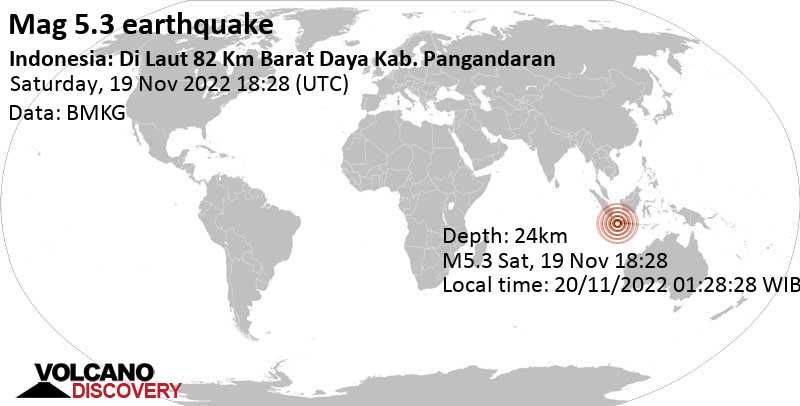 Μέγεθος 5.3 - Indian Ocean, 95 km νοτιοδυτικά από Tasikmalaya, Ινδονησία, Κυρ, 20 Νοε 2022 01:28 (GMT +7)