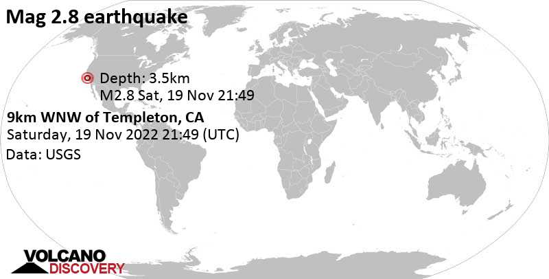 Leichtes Erdbeben der Stärke 2.8 - 12 km südwestlich von El Paso de Robles, San Luis Obispo County, Kalifornien, USA, am Samstag, 19. Nov 2022 um 13:49 Lokalzeit