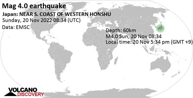 Séisme faible mag. 4.0 - 32 km à l\'est de Tanabe, Préfecture de Wakayama, Japon, dimanche, 20 nov. 2022 17:34 (GMT +9)