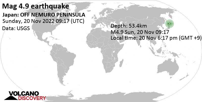4.9 quake 23 km east of Kushiro, Hokkaido, Japan, Nov 20, 2022 6:17 pm (GMT +9)