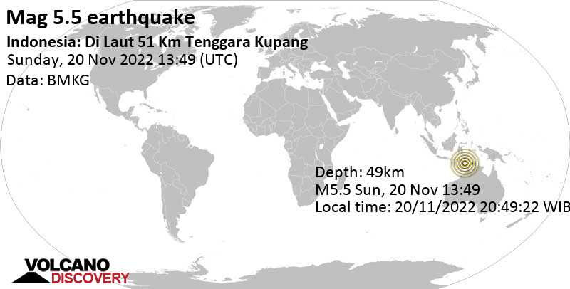 Μέτριος σεισμός μεγέθους 5.5 - Timor Sea, 46 km νοτιοανατολικά από Kupang, Ινδονησία, Κυριακή, 20 Νοε 2022 21:49 (GMT +8)