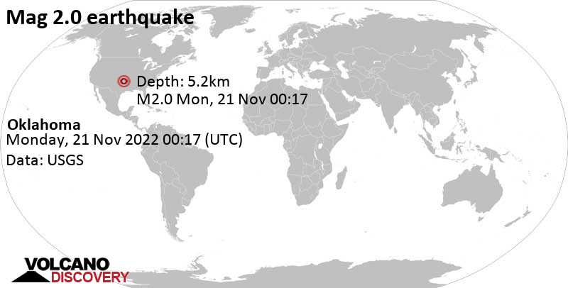2.0 quake 15 mi west of Mustang, Canadian County, Oklahoma, USA, Nov 20, 2022 6:17 pm (GMT -6)