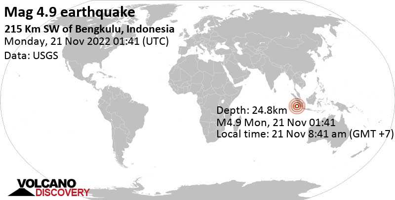 4.9 quake Indian Ocean, 216 km southwest of Benkulu, Bengkulu, Indonesia, Nov 21, 2022 8:41 am (GMT +7)