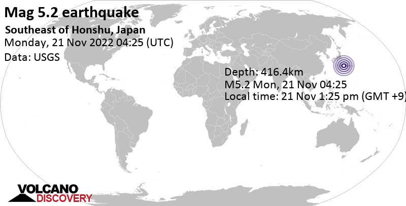 5.2 quake Philippine Sea, Japan, Nov 21, 2022 1:25 pm (GMT +9)