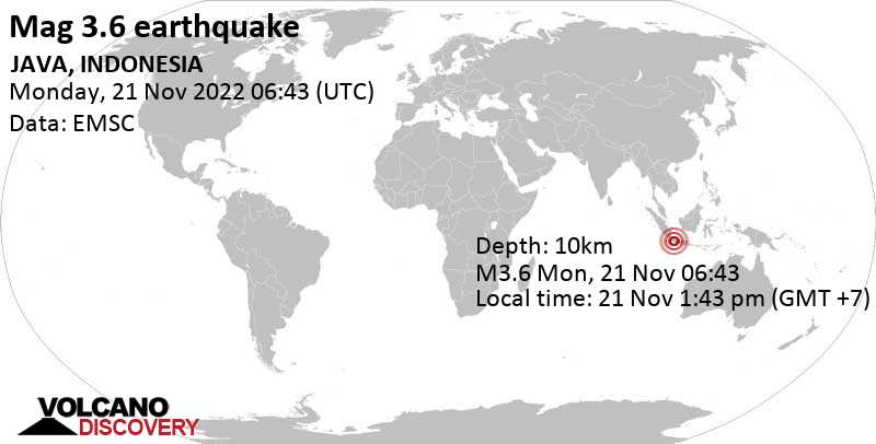 3.6 quake 17 km northeast of Sukabumi, West Java, Indonesia, Nov 21, 2022 1:43 pm (GMT +7)
