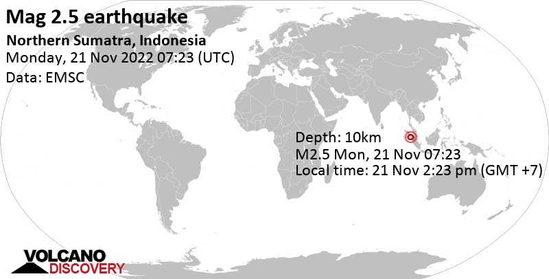 Weak mag. 2.5 earthquake - 16 km north of Padangsidempuan, North Sumatra, Indonesia, on Monday, Nov 21, 2022 at 2:23 pm (GMT +7)