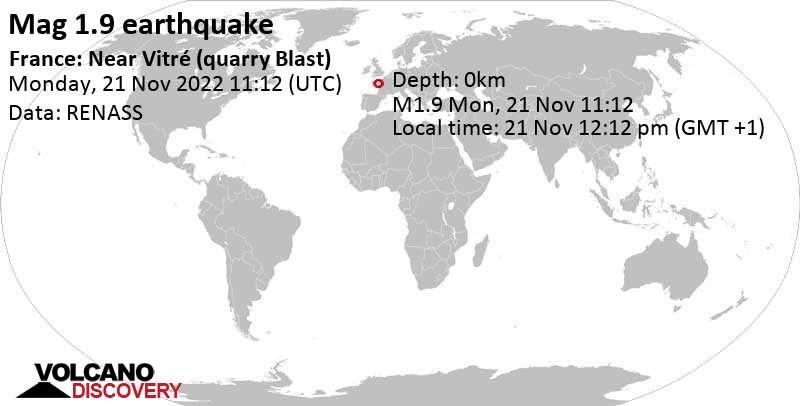 Weak mag. 1.9 earthquake - 3.6 km east of Martigné-Ferchaud, Ille-et-Vilaine, Bretagne, France, on Monday, Nov 21, 2022 at 12:12 pm (GMT +1)