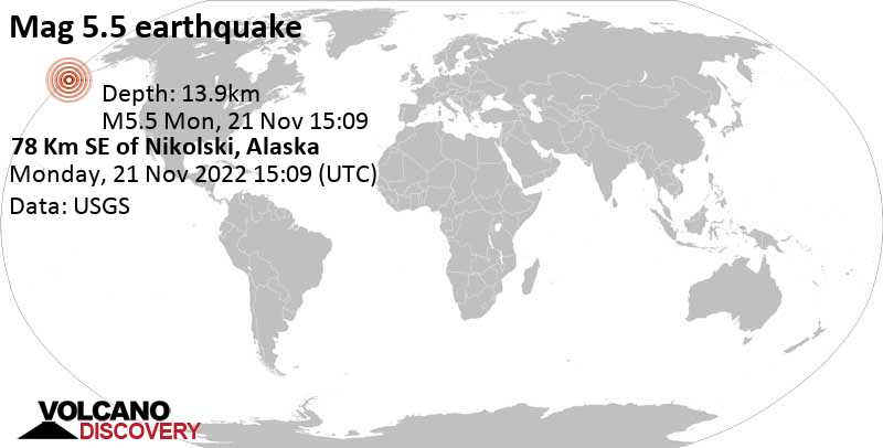 Strong mag. 5.5 earthquake - North Pacific Ocean, 126 mi southwest of Unalaska, Aleutians West, Alaska, USA, on Monday, Nov 21, 2022 at 4:09 am (GMT -11)