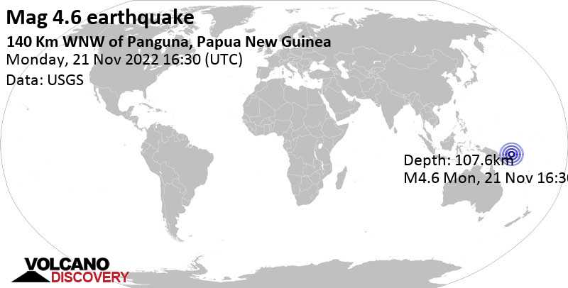 Light mag. 4.6 earthquake - Solomon Sea, 144 km northwest of Arawa, Bougainville, Papua New Guinea, on Tuesday, Nov 22, 2022 at 3:30 am (GMT +11)