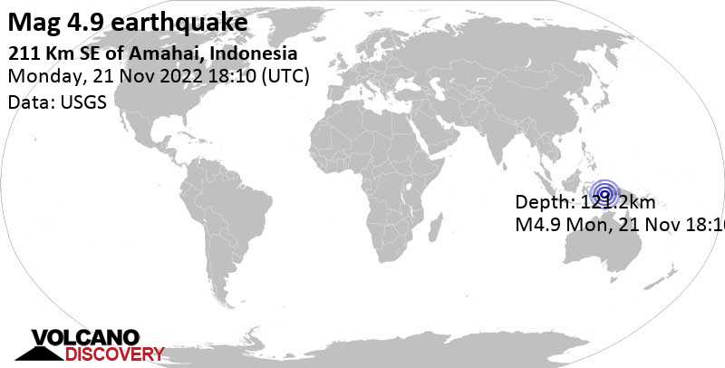 4.9 quake Banda Sea, 256 km southeast of Ambon City, Maluku, Indonesia, Nov 22, 2022 3:10 am (GMT +9)