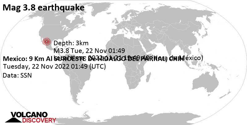 3.8 quake 8.2 km south of Parral, Chihuahua, Mexico, Nov 21, 2022 6:49 pm (GMT -7)