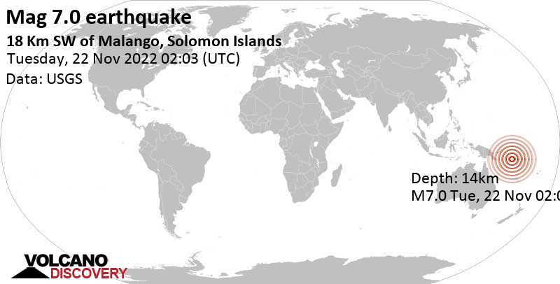 Μέγεθος 7.0 - Solomon Sea, 58 km νοτιοδυτικά από Honiara, Νήσοι Σολομώντος, Τρί, 22 Νοε 2022 13:03 (GMT +11)
