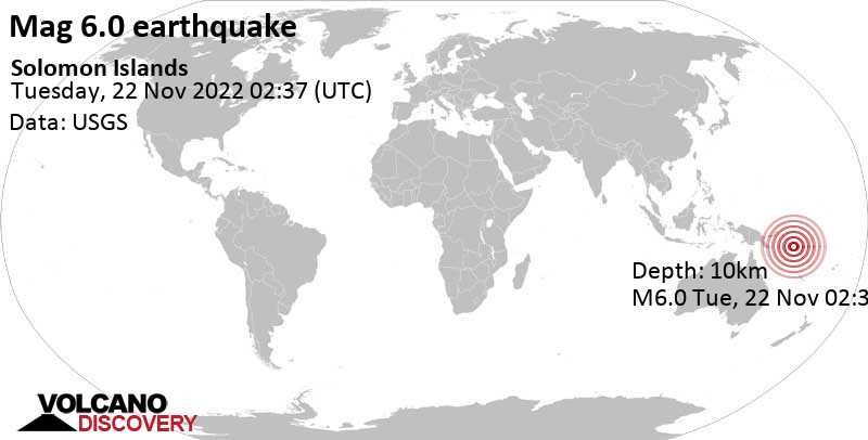 6.0 quake Solomon Sea, 72 km southwest of Honiara, Solomon Islands, Nov 22, 2022 1:37 pm (GMT +11)