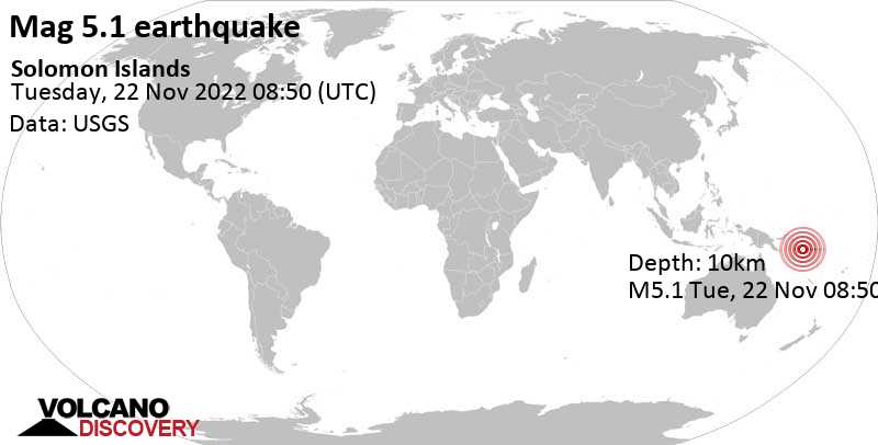 5.3 quake Solomon Sea, 61 km southwest of Honiara, Solomon Islands, Nov 22, 2022 7:50 pm (GMT +11)