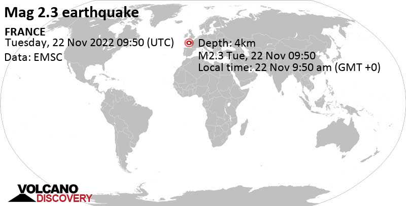 Weak mag. 2.3 earthquake - 76 km southwest of Lorient, Morbihan, Bretagne, France, on Tuesday, Nov 22, 2022 at 9:50 am (GMT +0)