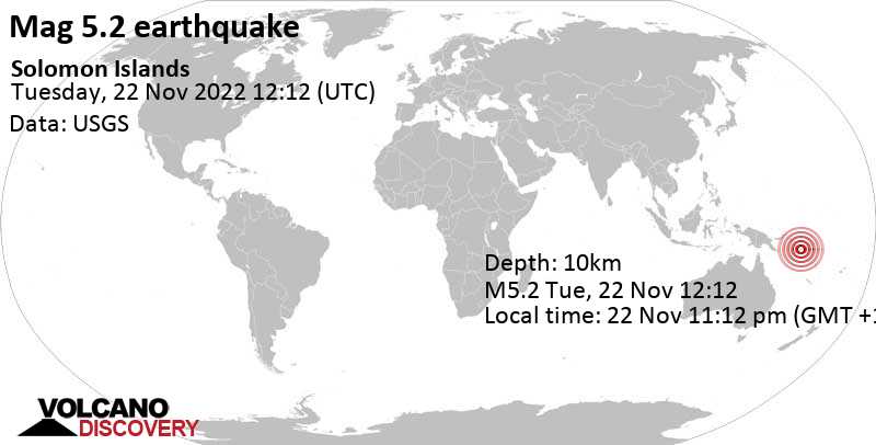 5.2 quake Solomon Sea, 60 km southwest of Honiara, Solomon Islands, Nov 22, 2022 11:12 pm (GMT +11)