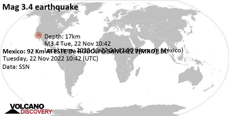 3.4 quake 94 km northwest of San Felipe, Mexicali Municipality, Baja California, Mexico, Nov 22, 2022 2:42 am (GMT -8)