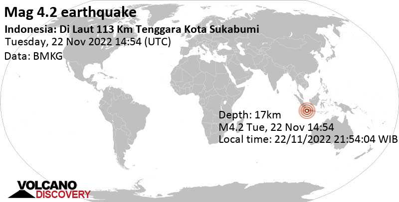 4.2 quake Indian Ocean, 93 km southwest of Banjar, West Java, Indonesia, Nov 22, 2022 9:54 pm (GMT +7)