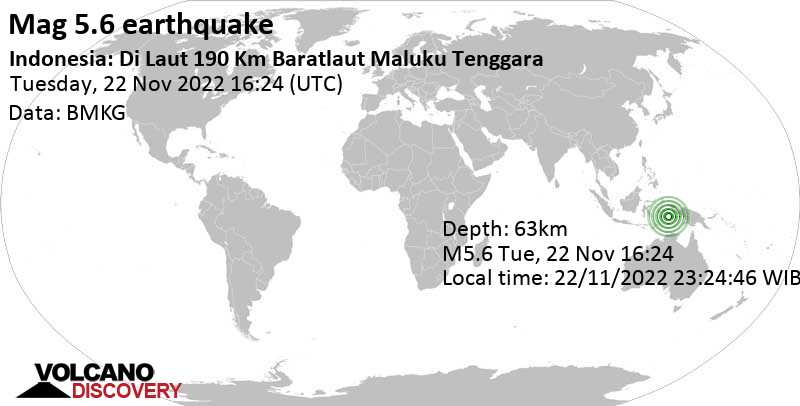 Умеренное землетрясение маг. 5.6 - Банда (море), 192 km к западу от Tual, Индонезия, Среда, 23 ноя 2022 01:24 (GMT +9)