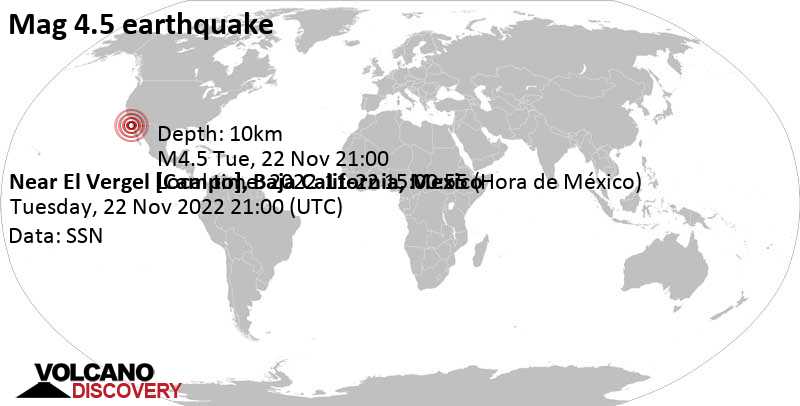 4.5 quake North Pacific Ocean, 65 km northwest of Lazaro Cardenas, Mexico, Nov 22, 2022 1:00 pm (GMT -8)