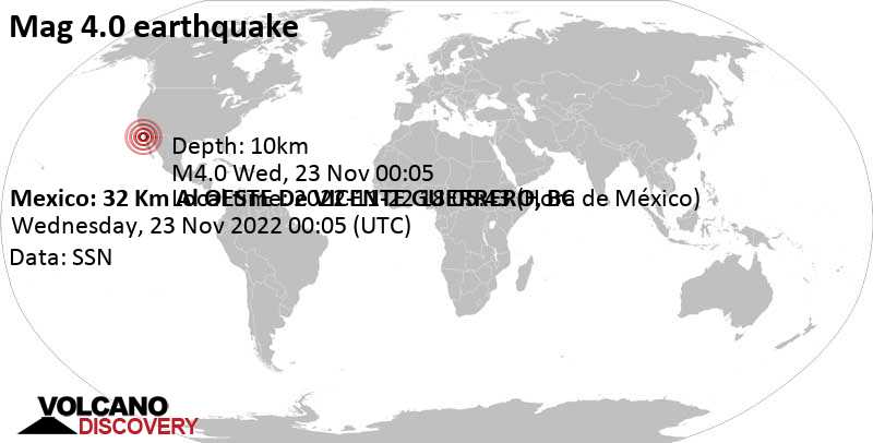 4.0 quake North Pacific Ocean, 44 km northwest of Lazaro Cardenas, Mexico, Nov 22, 2022 4:05 pm (GMT -8)