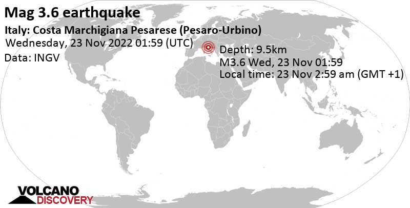 Leichtes Erdbeben der Stärke 3.6 - Adriatisches Meer, 27 km östlich von Pesaro, Marken, Italien, am Mittwoch, 23. Nov 2022 um 02:59 Lokalzeit