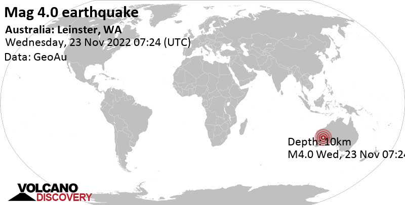4.0 quake 26 km northeast of Leinster, Leonora, Western Australia, Nov 23, 2022 3:24 pm (GMT +8)