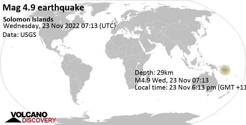 4.9 quake Solomon Sea, 53 km southwest of Honiara, Solomon Islands, Nov 23, 2022 6:13 pm (GMT +11)
