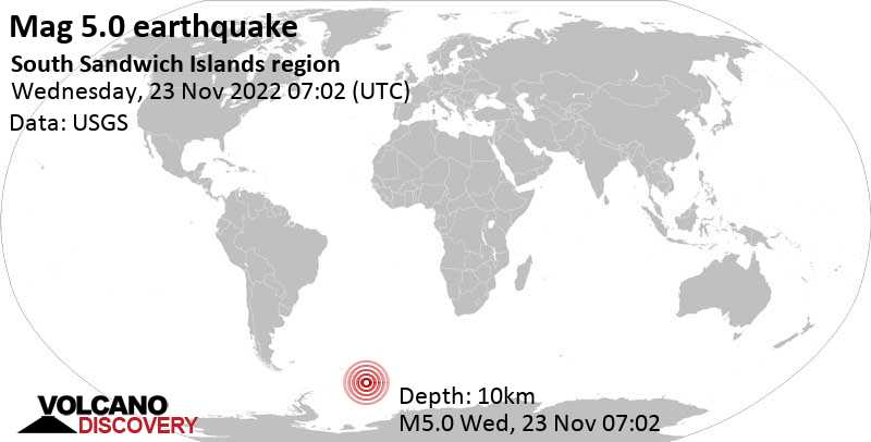 Μέγεθος 5.1 - South Atlantic Ocean, Νήσοι Νότια Γεωργία και Νότιες Σάντουιτς, Τετ, 23 Νοε 2022 05:02 (GMT -2)