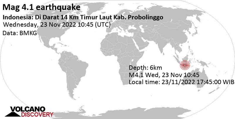 Μέγεθος 4.1 - 15 km νοτιοδυτικά από Besuki, East Java, Ινδονησία, Τετ, 23 Νοε 2022 17:45 (GMT +7)