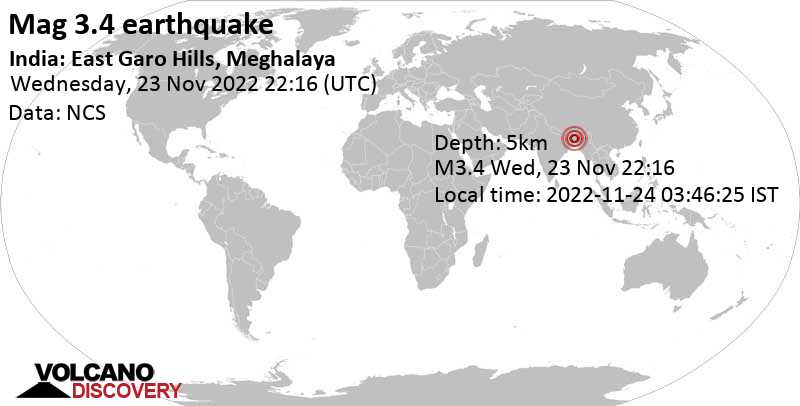3.4 quake 37 km east of Tura, West Garo Hills, Meghalaya, India, Nov 24, 2022 3:46 am (GMT +5:30)