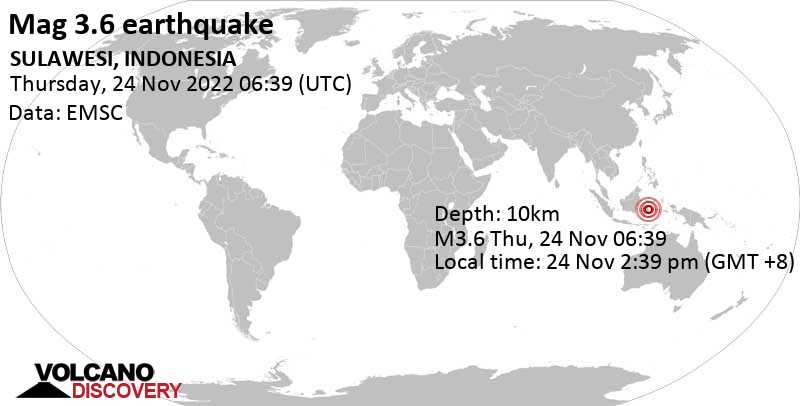 Terremoto leve mag. 3.6 - 173 km NNW of Kendari, Southeast Sulawesi, Indonesia, jueves, 24 nov 2022 14:39 (GMT +8)