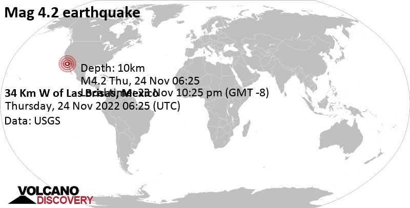 4.2 quake North Pacific Ocean, 47 km northwest of Camalu, Mexico, Nov 23, 2022 10:25 pm (GMT -8)