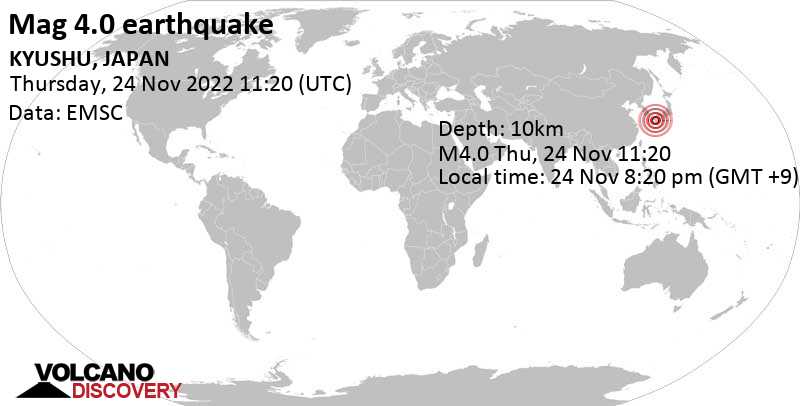 Moderate mag. 4.0 earthquake - 23 km south of Kumamoto, Prefectura de Kumamoto, Japan, on Thursday, Nov 24, 2022 at 8:20 pm (GMT +9)