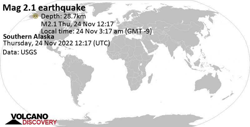 Minor mag. 2.1 earthquake - Alaska, USA, on Thursday, Nov 24, 2022 at 3:17 am (GMT -9)