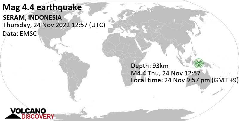 Light mag. 4.4 earthquake - Banda Sea, 74 km southeast of Amahai, Maluku, Indonesia, on Thursday, Nov 24, 2022 at 9:57 pm (GMT +9)