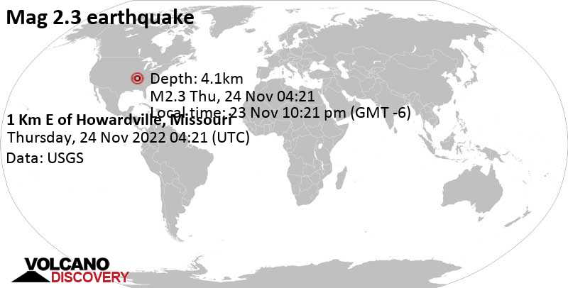 Schwaches Erdbeben Stärke 2.3 - 5.7 km südwestlich von New Madrid, Missouri, USA, am Mittwoch, 23. Nov 2022 um 22:21 Lokalzeit