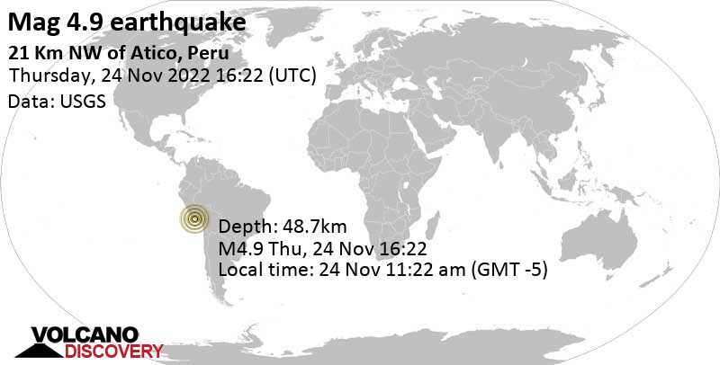 4.9 quake Arequipa, Peru, Nov 24, 2022 11:22 am (GMT -5)