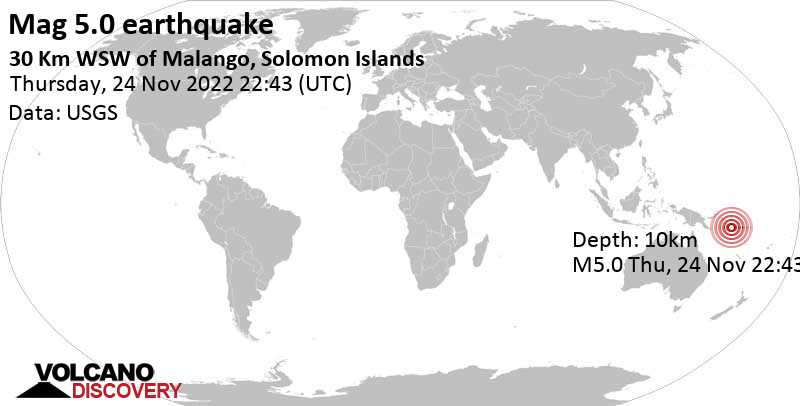 5.0 quake Solomon Sea, 65 km southwest of Honiara, Solomon Islands, Nov 25, 2022 9:43 am (GMT +11)