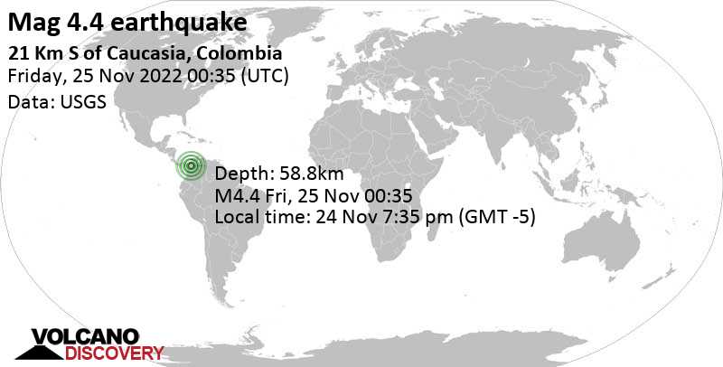 Light mag. 4.4 earthquake - 21 km south of Caucasia, Antioquia, Colombia, on Thursday, Nov 24, 2022 at 7:35 pm (GMT -5)